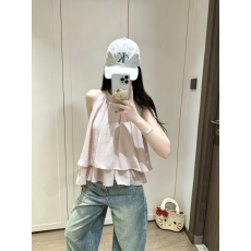 批发实拍  纯色挂脖双层荷叶边背心衬衫无袖上衣