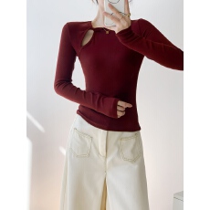 批发秋冬新款性感酒红色镂空小心机长袖<b class='q'>T</b><b class='q'>恤</b>女修身显瘦内搭打底衫上衣