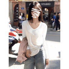 批发春秋大码纯欲V领长袖<b class='q'>打底衫</b>女胖mm宽松慵懒风内搭打底T恤上衣