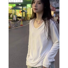 批发白色V领正肩长袖t恤女秋宽松显瘦慵懒百搭<b class='q'>打底衫</b>内搭上衣体恤