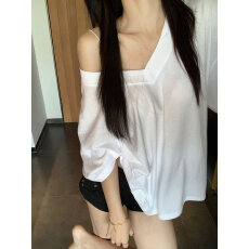 批发白色休闲v领大版宽松短袖t恤女夏季慵懒风韩系中长款遮屁股上衣黑