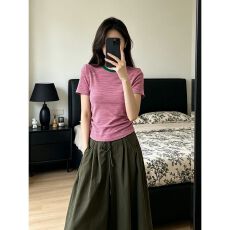 美式复古撞色正肩条纹短袖T恤女夏新款设计感修身显瘦上衣
