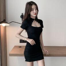 批发2025大码女装夏季性感镂空修身包臀胖mm短款旗袍改良版连衣裙潮