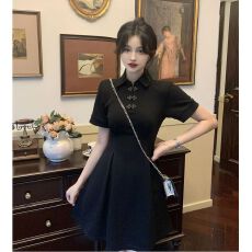 批发黑色连衣裙子新款女小个子<b class='q'>改良</b><b class='q'>旗袍</b>气质小黑裙国风夏季新中式