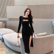 批发2025秋冬新款性感镂空包臀裙女收腰<b class='q'>显瘦</b>气质中长款打底开叉连衣裙