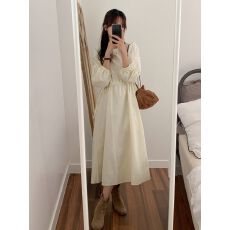 批发韩国chic春秋季复古慵懒风圆领抽绳系带优雅收腰甜美宽松<b class='q'>连衣裙</b>