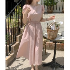 批发收腰系带<b class='q'>连衣裙</b>子女夏新款轻熟风气质优雅荷叶边长裙泡泡袖A字裙