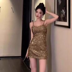 批发轻奢高级感爆闪亮片无袖礼服<b class='q'>连衣裙</b>名媛性感<b class='q'>露背</b>显瘦包臀吊带裙女