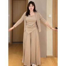 批发春季新<b class='q'>大码</b>慵懒风吊带背心女长袖防晒<b class='q'>开衫</b>三件套垂感阔腿长裤套装