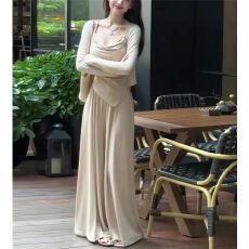 批发春季新<b class='q'>大码</b>慵懒风吊带背心女长袖防晒<b class='q'>开衫</b>三件套垂感阔腿长裤套装