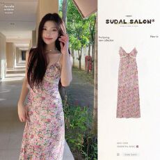 批发纯欲蕾丝边<b class='q'>碎花</b>吊带连衣裙女夏度假风海边沙滩裙辣妹高腰包臀裙子