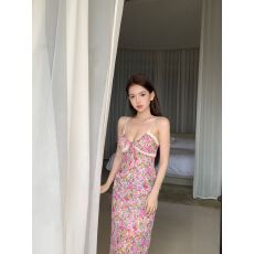 批发法式复古欧美深V性感蕾丝拼接印花海边度假修身吊带鱼尾连衣裙