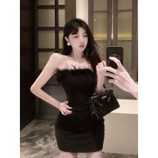 批发网红性感辣妹抹胸拼接毛毛紧身短裙收腰露背包臀连衣裙女