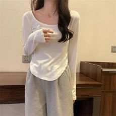 批发【180克双磨】设计感小众正肩<b class='q'>长袖</b>T恤女修身显瘦打底衫上衣潮