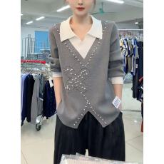 批发灰色<b class='q'>时尚</b>撞色拼接设计针织打底女2025秋冬新款小众洋气大码上衣潮