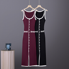 批发新款俄罗斯欧美<b class='q'>女装</b>背心式连衣裙撞色单排多扣开衩长款针织连衣裙