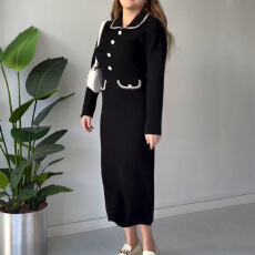批发外贸高级感气质编织娃娃领<b class='q'>连衣裙</b>女秋冬长袖针织弹力收腰优雅鱼尾