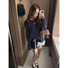 批发Partysu<b class='q'>韩国</b><b class='q'>正品</b><b class='q'>代购</b>2025年春 设计师款翻领拼色宽松针织衫