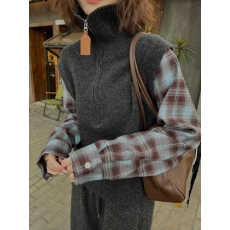 批发复古格子<b class='q'>衬衫</b>拼接<b class='q'>假两件</b>针织毛衣女2025秋冬高领半拉链设计感上衣