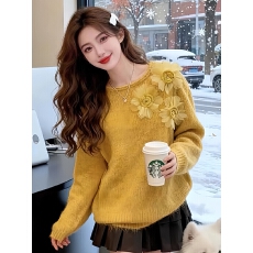 批发温柔风<b class='q'>立体</b><b class='q'>花朵</b>套头毛衣女款2025新款冬季洋气宽松加厚针织<b class='q'>上衣</b>潮