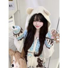 批发小熊图案连帽长袖针织开衫女秋季新款软糯可爱拉链毛衣<b class='q'>外套</b>