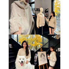 批发白色连帽长袖针织衫女2025秋冬新款<b class='q'>大码</b>胖MM麻花休闲宽松毛衣上衣