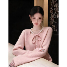 批发白色挂脖珍珠重工系带<b class='q'>针织</b><b class='q'>开衫</b>外套毛衣可外穿内搭女秋冬穿搭上衣