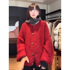 批发港风复古慵懒设计感红色毛衣<b class='q'>开衫</b>女秋冬大码胖mm宽松显瘦外穿上衣