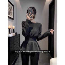 批发小个子法式收腰显瘦<b class='q'>荷叶边</b>下摆针织衫女秋冬温柔风氛围感长袖上衣