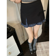 批发2026春夏季<b class='q'>格子</b>拼接开叉<b class='q'>西装</b>半身裙女复古气质时尚高腰A字短裙子