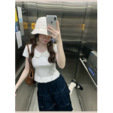 批发PtonUmi 绵绵少女 白色甜美<b class='q'>娃娃领</b>短袖<b class='q'>T</b><b class='q'>恤</b>女夏新品收腰显瘦短上衣