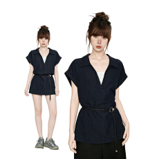 批发韩系氛围感条纹收腰<b class='q'>衬衫</b>女短袖<b class='q'>假两件</b>设计感2026新款出街穿搭上衣