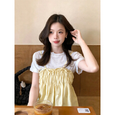 批发甜美风时尚<b class='q'>套装</b>女夏季碎花短袖T恤蝴蝶结系带褶皱吊带背心两件套