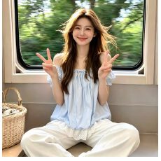 批发法式蓝色一字肩短袖衬衫女2026夏季新款温柔风超好看气质<b class='q'>甜美</b>小衫