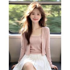 批发纯欲茶系舒适带胸垫针织吊带内搭+同色系针织开衫女夏两件套上衣