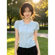 批发韩系简约百搭镂空袖翻领天爽亚麻舒适针织小衫<b class='q'>女</b>2026新款夏季上衣