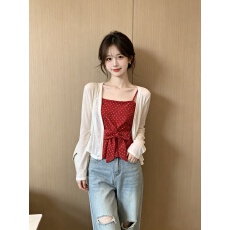 批发红色波点<b class='q'>不规则</b>绑带吊带背心女夏季外搭冰丝针织防晒披肩<b class='q'>开衫</b>套装
