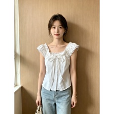 批发蕾丝花边假两件白色衬衫女装夏季甜美少女感小衫系带百搭短款上衣