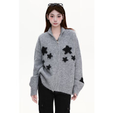 批发美式<b class='q'>街头</b>星星提花针织开衫女甜酷风慵懒拉链翻领毛衣秋冬情侣外套