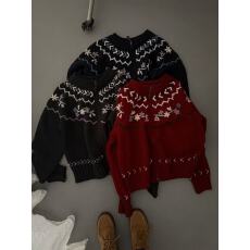 批发红色费尔岛<b class='q'>手工</b>钩花<b class='q'>毛衣</b>开衫女秋冬加厚设计感宽松全羊毛针织外套