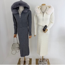 批发实拍麻花 开叉 设计感包臀半身裙+拉链上衣<b class='q'>外套</b>连帽毛毛针织套装