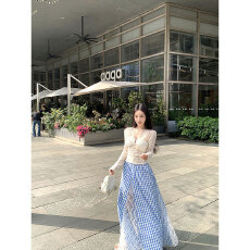 批发腰头有蕾丝特别版本蕾丝格子半身裙女高腰不规则半裙a字裙