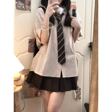 批发jk制服套装夏季条纹短袖衬衫女小个子小众休闲日系学院风衬衣