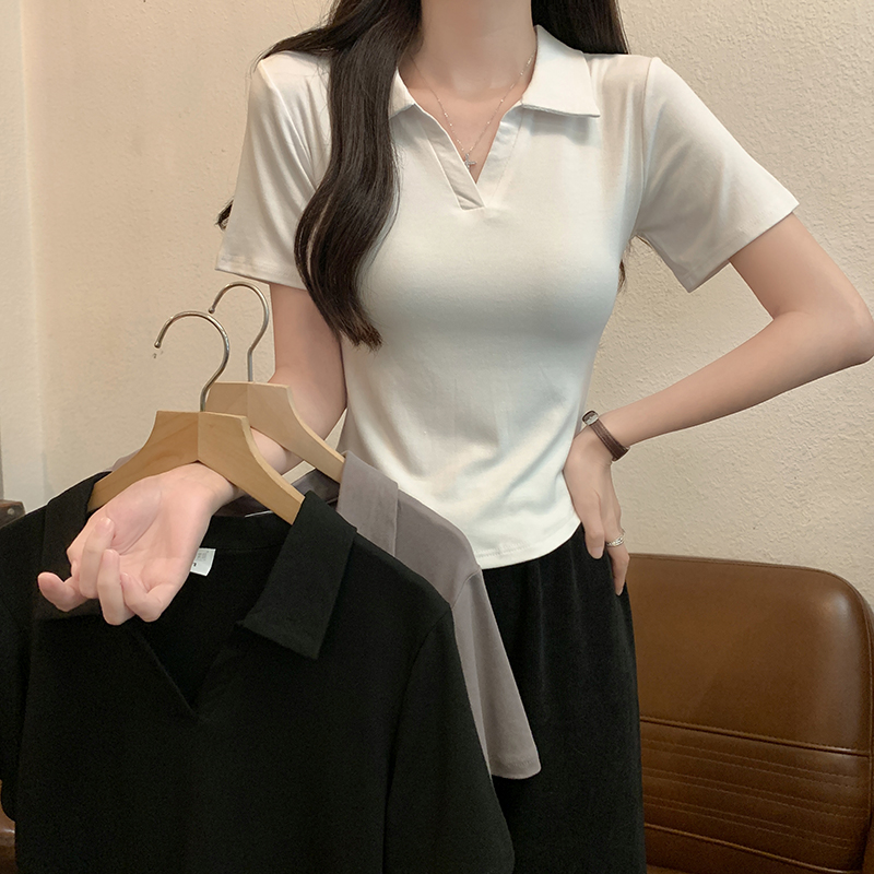 MY10851# 40支1*1螺纹棉夏季正肩短袖polo领t恤显瘦短款上衣女裝貨源服裝批發