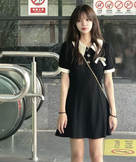원단 것 있음 주머니 polo 드레스 여름 프랑스식 품격 슬림해 보이는 작은 검은 드레스