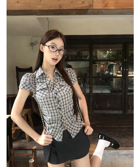 순면 원단 여름 새로운 반팔 긍정적 인 어깨 격자 무늬 셔츠 한 부서 레트로 몸매 가꾸기 맨위