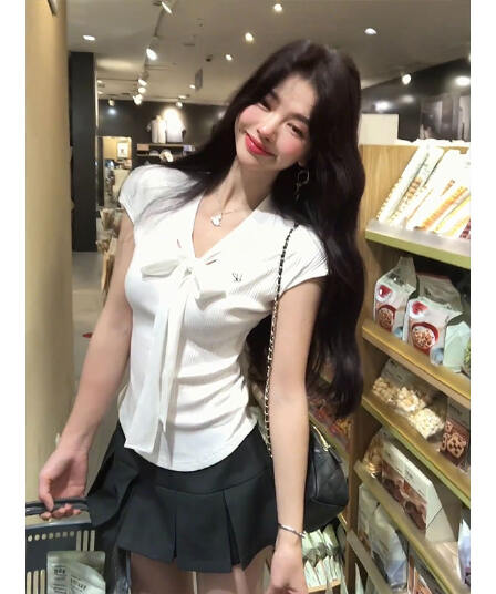 학원 스타일 품격 핫걸 레이스업 리본 반팔 티셔츠 여성 의류 여름 핫걸 몸매 가꾸기 다용도 V넥 맨위