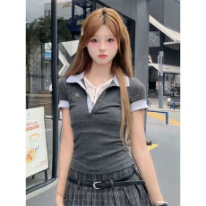 批发韩系辣妹<b class='q'>短袖</b><b class='q'>t</b><b class='q'>恤</b>夏季辣妹修身Polo领上衣两件套