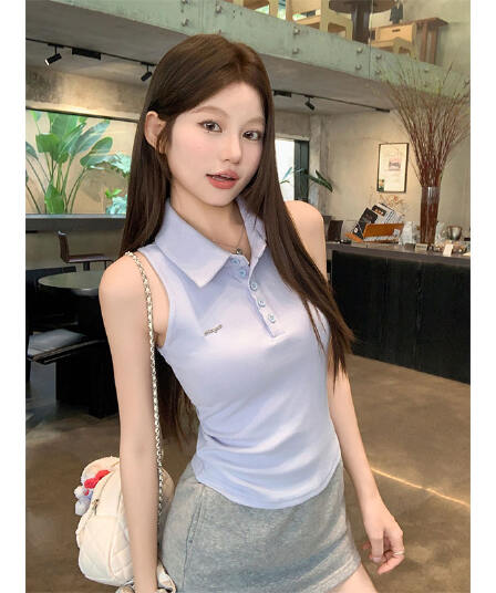 원본 품질 POLO 칼라 민소매 조끼 여름 새로운 디자인 센스 몸매 가꾸기 핫걸 작은 대중 슬림해 보이는 맨위