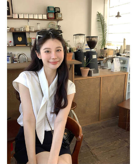 POLO 칼라 리본 디자인 센스 작은 대중 화이트 여성 셔츠 여름 품격 셔츠 슬림해 보이는 반팔 맨위